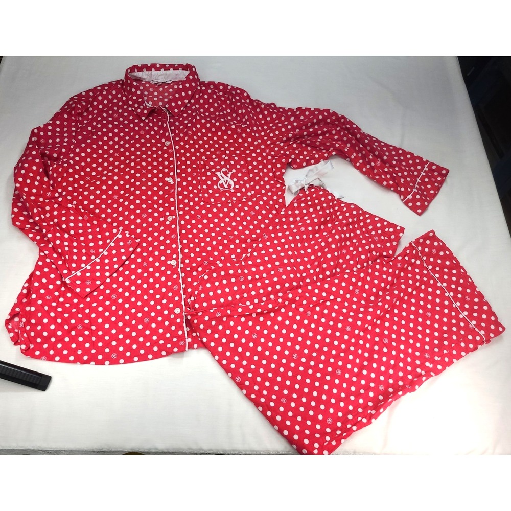 Vintage Victoria's Secret Pink White Polka Dot Flannel Pajama Set Size XL